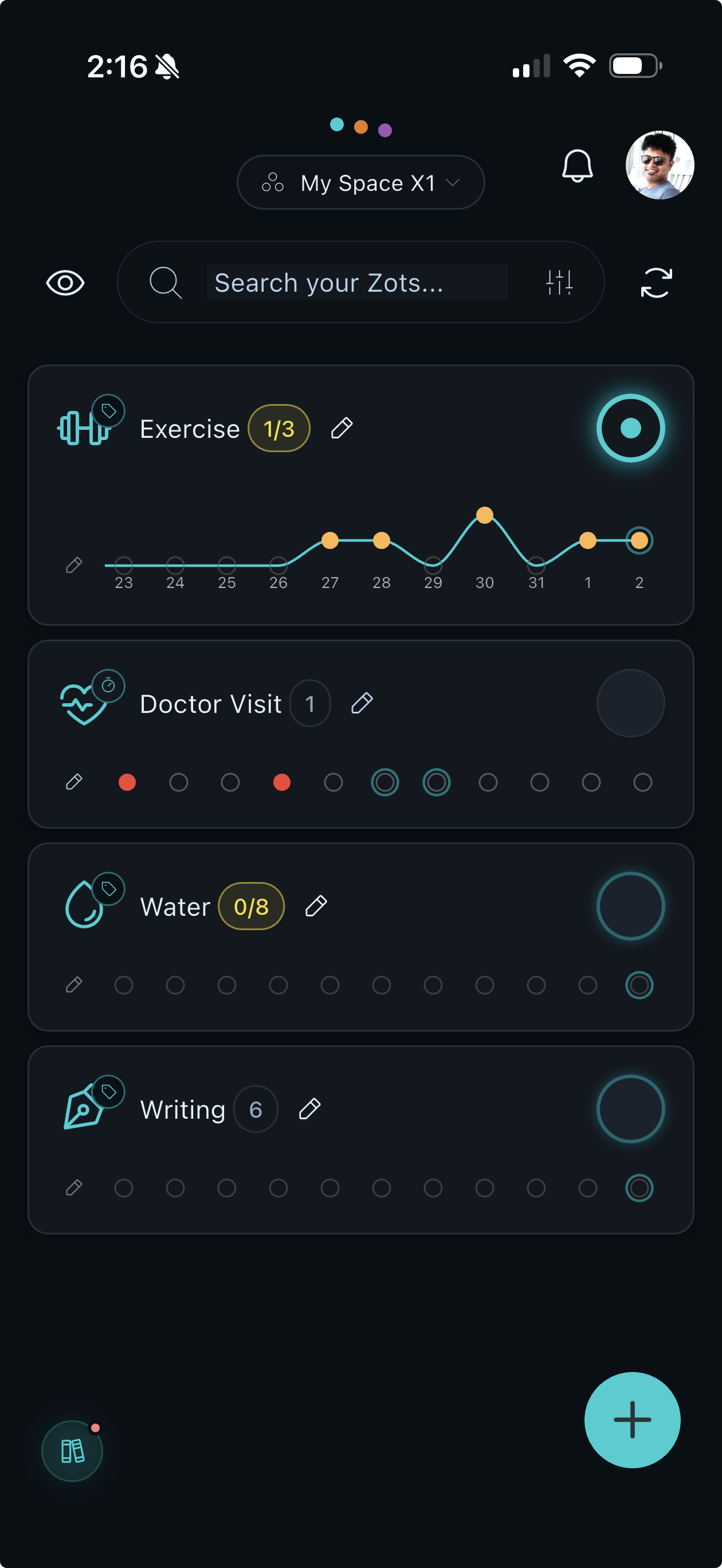 Zots app interface showing dot-based tracking