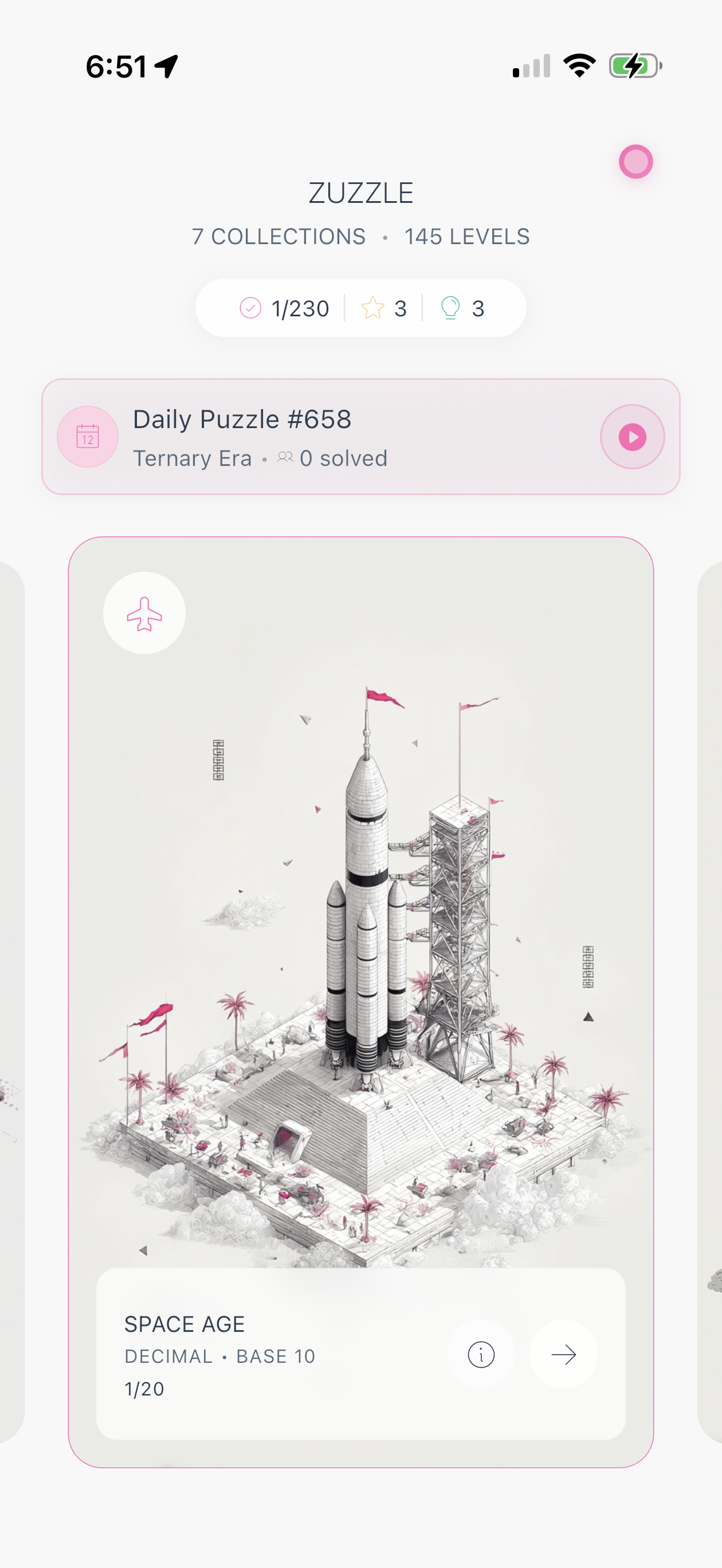 Zuzzle app interface showing 3D puzzle world